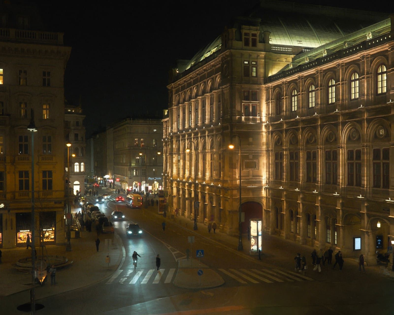 Vienna State Opera at night from above — lit facade and street traffic, Best Alex Shots, Vienna